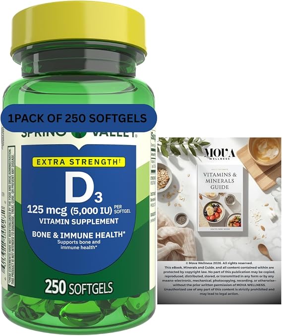 Vitamin D3 125 mcg (5,000 IU) | Bone & Immune Health | 250 Softgels | Pack of 1 + complimentary Vitamin and Minerals Guide