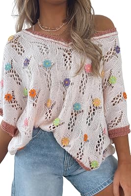 SELINK Womens Casual Embroidered Flowers Pullover Sweater Tops Colorblock Edge Hollowed Half Sleeve V Neck Daily Sweater