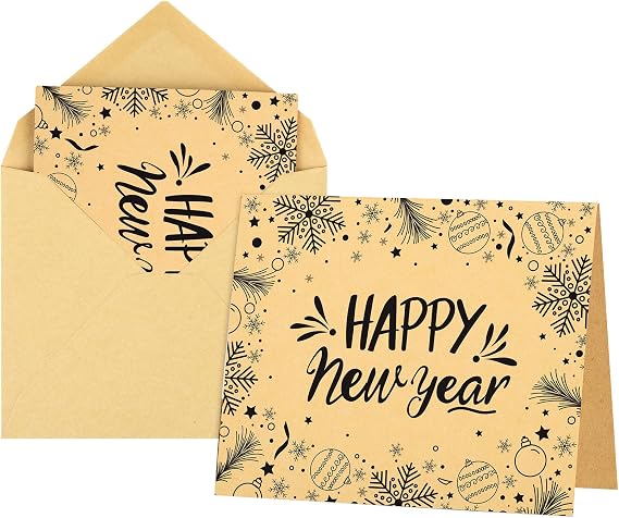 Morcheiong 36pcs Happy New Year Greeting Cards with Envelopes and Stickers Kraft Holiday Note Cards Blank Inside - Fashion Style