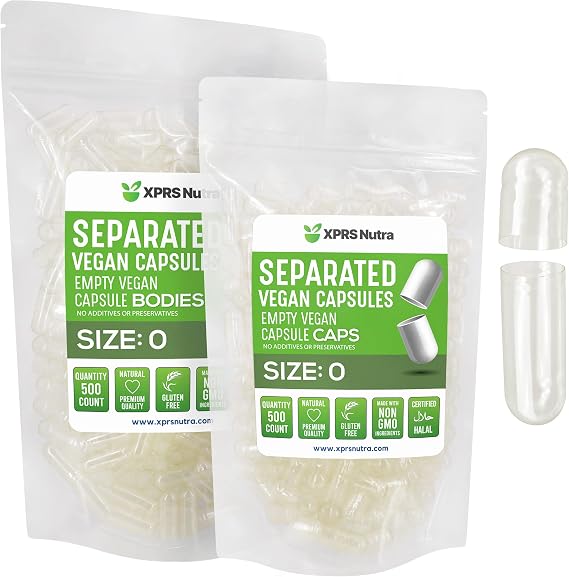 XPRS Nutra Vegan Size 0 Separated Capsules - 500 Count Clear Premium Empty Capsules Separated in Bags - Pills 0 for DIY Supplement Filling