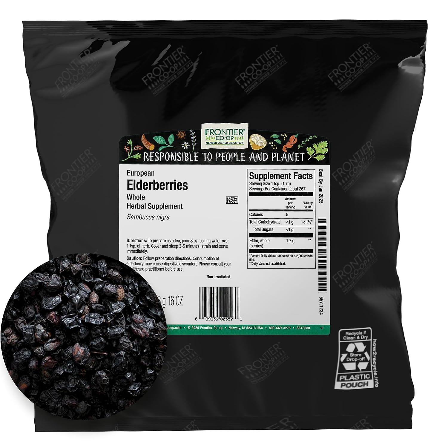 Frontier Co-op Dried Elderberries, 1lb Bulk Bag, European Whole | Kosher and Non-GMO Elderberry Dried Fruit for Powder, Tea, Immune Support