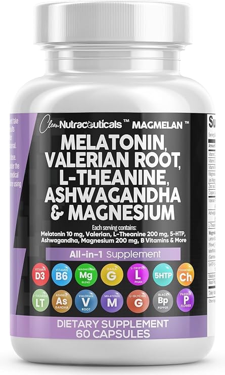 Clean Nutraceuticals Melatonin 10mg Valerian Root L Theanine 200mg Ashwagandha - Sleep Support for Women & Men with Magnesium Complex, Lemon Balm, Chamomile, Passion Flower - 60 Caps