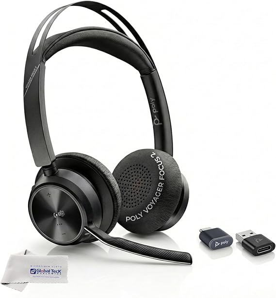 Poly Voyager Focus 2 Bluetooth Headset with Noise Blocking Mic - USB-C/A Dongle Adapters for PC using MS Teams, Zoom - Pairs to Both Cellphone and Laptop - Charging cable, and GTW Microfiber Cloth