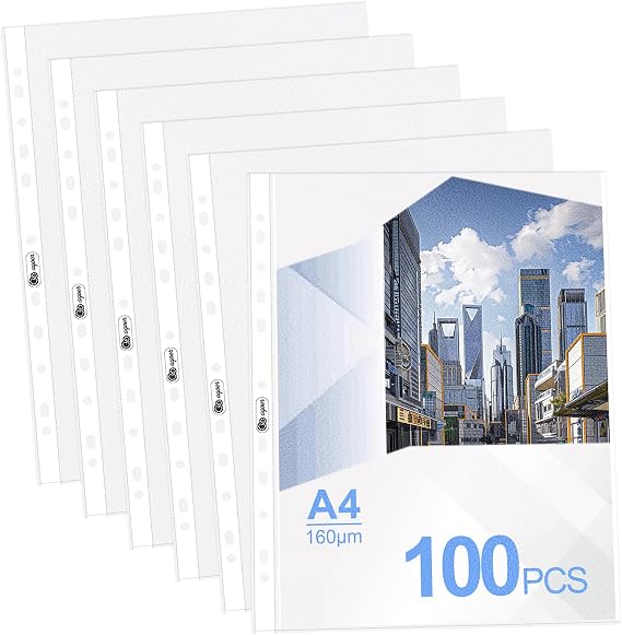 100 Document Wallets A4 Sturdy, Transparent Wallets A4 Transparent, Grained, 160 µm Document Sleeves, A4 Foil Sleeves for Storing Paper, Photos, Documents