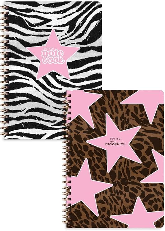 A5 Spiralli Karton Kapak 2’li Set Noktalı Okul Defteri 80 yaprak, Ders Programlı Leopar Zebra Yıldız