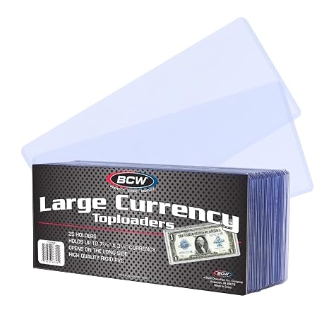 BCW Large Bill Currency Topload Holders for U.S. Notes, Clear, 25 Count | Rigid clear PVC holders fit large U.S. currency from 1861-1928, with long-side openings for archival storage and display.