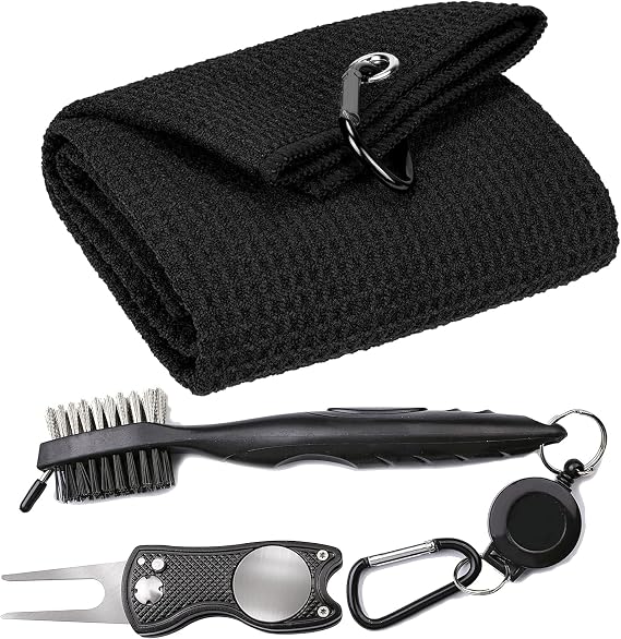 VIVIDLY Microfiber Waffle Pattern Tri-fold Golf Towel Set | Golf Club Brush| Golf Divot Tool