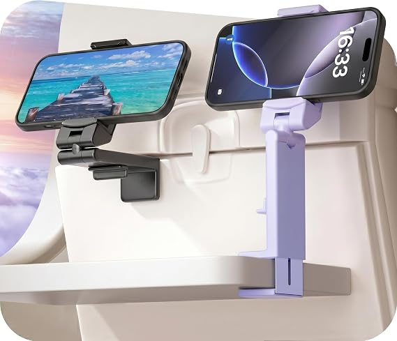 Perilogics Universal Airplane Phone Holder Mount, Plane Travel Essentials | in Flight Phone Stand, Hands Free, Dual 360 Rotatio, Must Haves Airplane Travel Accessory, (2Pack, Black/Lavender)