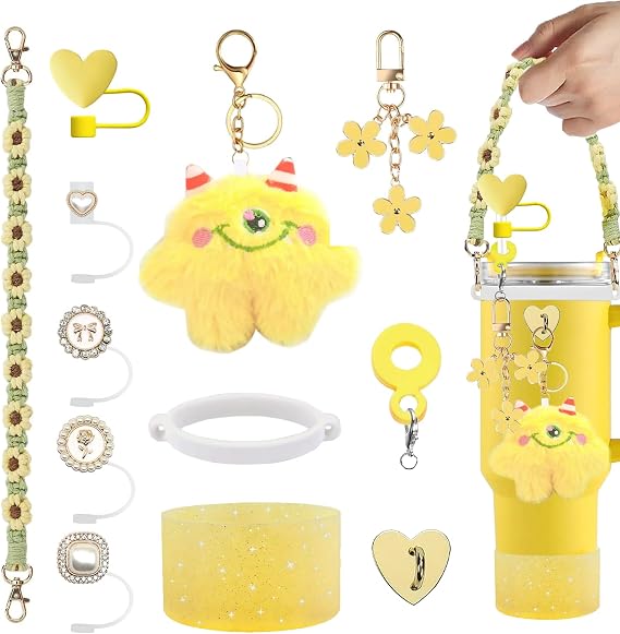 Stanley Cup Accessories Sets-12/10/13 Pcs for Stanleys,Reusable Silicone Straws， Boho Handle Strap & Charms,Lid & Toppers Fit 30oz/40oz Cups