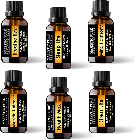 MAJESTIC PURE Essential Oil Blends - Made from Pure Aromatherapy Essential Oils - Sleep Lite, Health Max - Breathe Best, Stress Lite, Muscle Untense, Mind Harmony - for Diffuser use Also - 6/10 ml