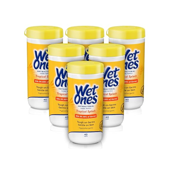 Wet Ones Antibacterial Hand Wipes, Tropical Splash, 40 ct Canister (6 Pack) | Hand sanitizer wipes, Click-top canister lid, Made with aloe, Hypoallergenic, Paraben free, No sticky residue