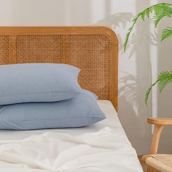 BESTOUCH Washed Cotton Pillowcases Linen Feel Cornflower Blue Queen