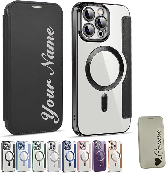 Personalized Leather Textured Flip Phone Case, Luxury Leather Flip Magnetic with Card Holder, Personalized Custom Name Phone Case(Black,for 13Promax)