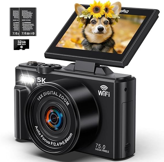 5K Digital Camera, WiFi Cameras for Photography 75MP UHD Vlogging Cameras for YouTube Autofocus Video Camera with 3" 180 Flip Screen, Compact Travel Camara with 18X Zoom, 32GB SD Card, 2 Batteries