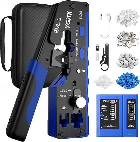 Ethernet Crimping Tool Kit RJ45 Crimp Tools,with Rechargeable Network Cable Tester,CAT5/6 CAT7 Pass Through RJ45 Connectors,Wire Crimper,All-In-One Mini Cable Stripper for Network Installer