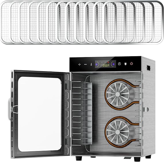 800W Food Dehydrator, 12-Trays Stainless Steel Fruit Dehydrators Machine, Touch Screen Food Dryer Dehydrator, with 35-90 Temperature Control & 24H Timer one size