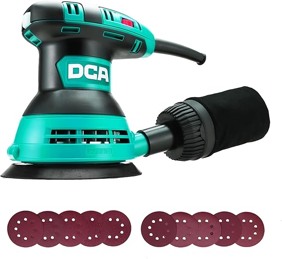 DCA Random Orbital Sander 300 W 125 mm Sanding Machine with 6 Speeds Max. 12000 rpm 0.3 L Dust Catcher and Protected Switch 10 Sandpaper for Sanding Polishing Wood DIY