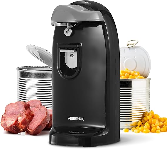 Reemix Electric Can Opener, One-Touch Operation, Knife Sharpener and Bottle Opener 3 in 1, Easy Clean Kitchen Tool for Home Use, Automatic Can Opener, Black