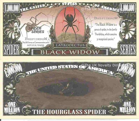 Novelty Dollar Black Widow Spider Latrodectus Hourglass Million Dollar Bills x 2 Theridiidae