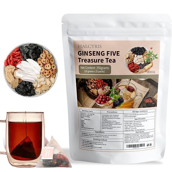 Halcyris Ginseng Five Treasures Tea - Ginseng & Mulberry Traditional Herbal Teas Natural Chinese Red Date Tea Bag for Men Women (5g*30 Teabags)