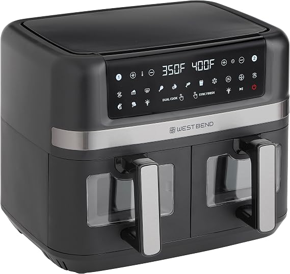 West Bend Double Up Air Fryer Dual Basket 10-Quart Capacity with Digital Controls View Windows and 15 Cooking Presets, Nonstick Frying Baskets, Dual-Zone Cooking, 1600-Watts, Black