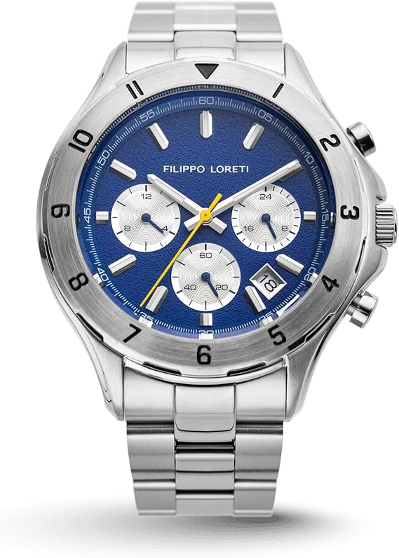 FILIPPO LORETI ピスタ アズールウェーブ 42mm クロノグラフ ブルーダイヤル シルバーステンレススチールブレスレット 100m防水 メンズ, マットブルー, モダン