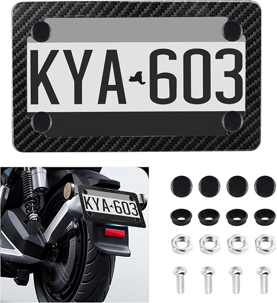 Upgraded Carbon Fiber License Plate Frame Kit,Stainless Steel Motorcycle License Plate Frame Kit with Screws,Nuts,Covers,Universal All-in-One Motorcycle Plates Frames