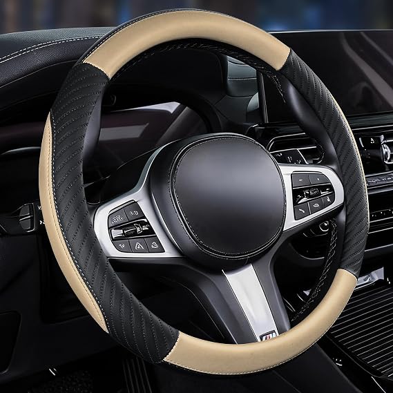 Universal Car Steering Wheel Cover Leather 37-38 cm Soft Microfiber - Beige