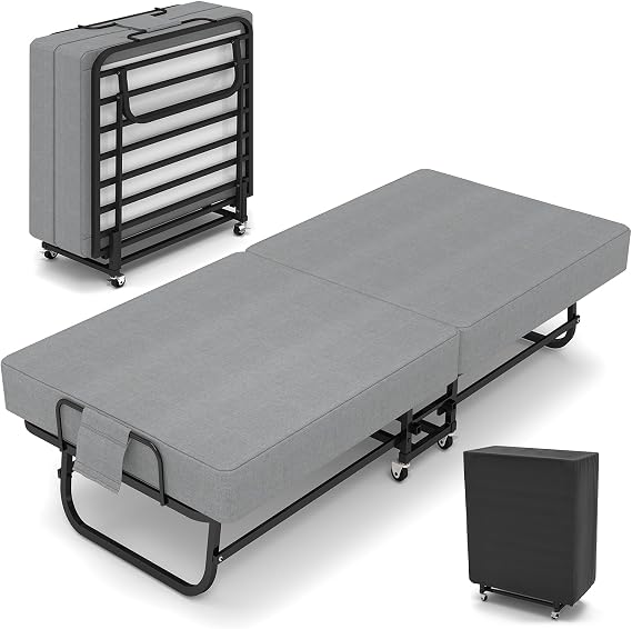 SADENICEL Folding Bed Portable Foldable Roll Away Bed, 75" x 31" | Fold Up Bed, Wheels, Memory Foam Mattress, Metal Frame, Space Saving