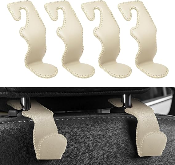 4 Pack Superior Leather Car Seat Headrest Hooks with 44 Pounds Load Capacity, Hangers Storage Organizer Universal Car Interior Accessories for