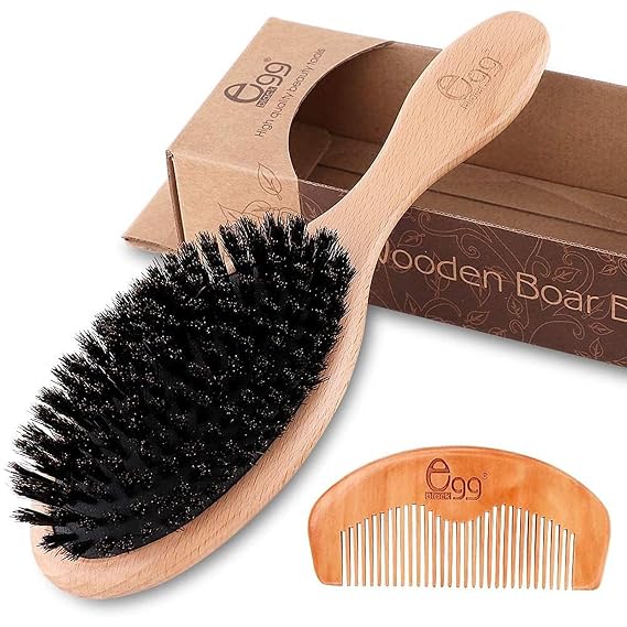 BLACK EGG Boar Bristle Hair Brush for Women Men Kid, Soft Natural Bristles Brush for Thin and Fine Hair, Restore Shine and Texture, Set includes Bamboo comb and 3 hair ties, Excellent Gift Idea