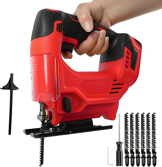 Cordless Jig Saw Compatible with Milwaukee m18, 420W 3500RPM Brushless Jigsaw Cut Off Tool 45° Beveled Cuts with 6 Blades for Straight Curve Circle Cutting (Red)