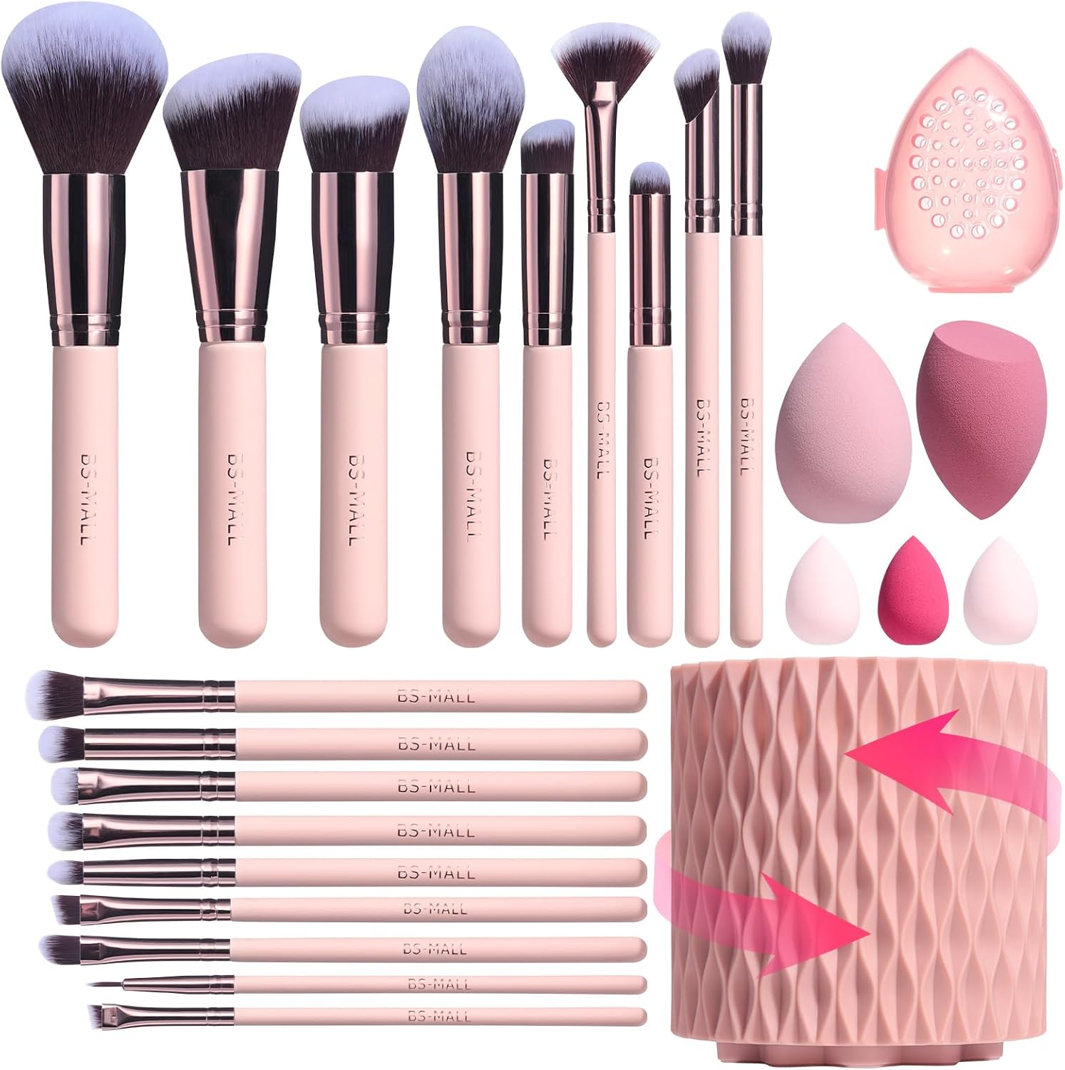 BS-MALL Makeup Brushes Premium Synthetic Foundation Powder Concealers Eye Shadows 18 Pcs Brush Set with 5 sponge & Holder Sponge Case A-Pink
