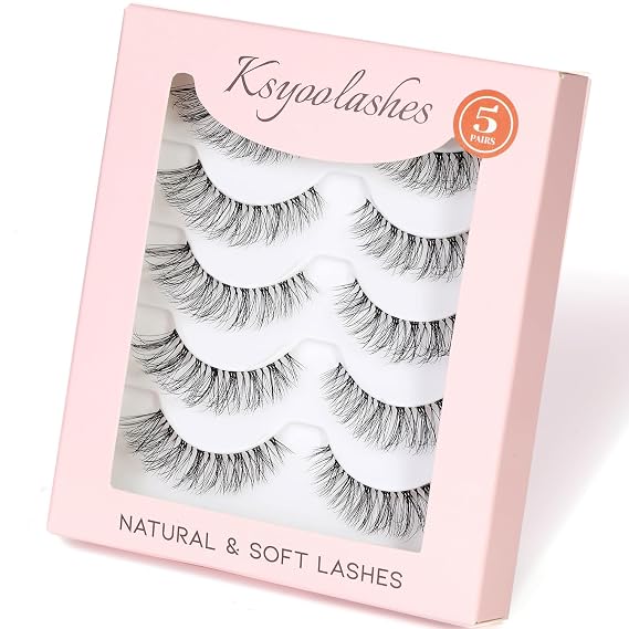 Natural Strip Lashes with Clear Band Wispy,8-15mm Cat Eye D Curl Strip Lashes That Look Like Extensions,3D Fluffy Faux Mink False Eyelashes Natural Look