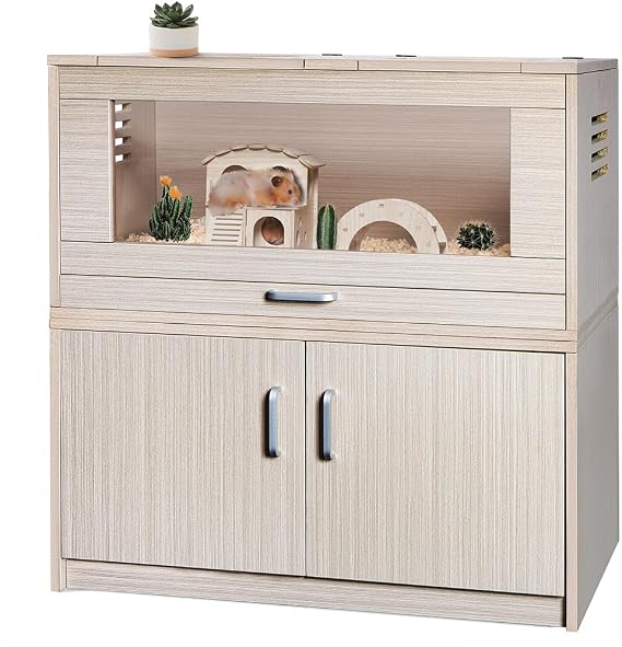 Large Hamster Cage, Wooden Hamster Cages and Habitats with Storage Cabinet and Openable Top Decorative Pet House Acrylic Panels for Hedgehog Gerbil and Rat (31.5" 15.7" 33.5")