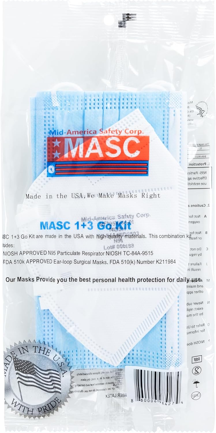 MASC 13 Go Kit, Each kit has 1 white flat fold Face mask  3 Ear-Loop Masks Model No.: NFK31BW-01