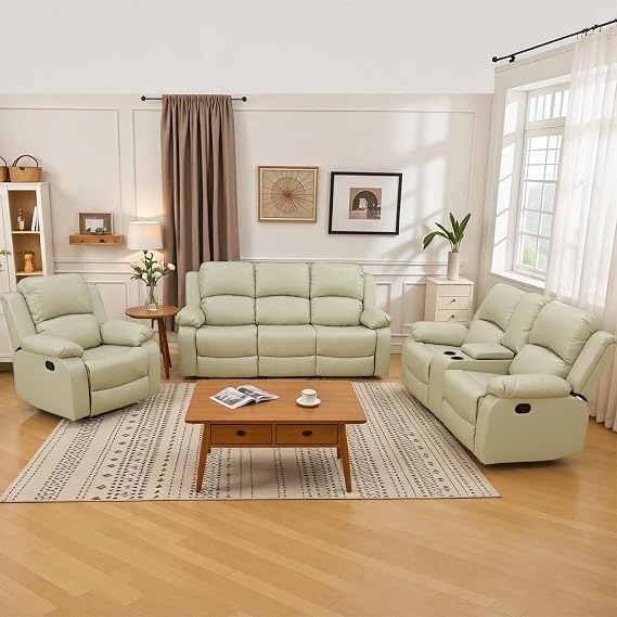 Manual Recliner Sofa Set, Bonded Leather Sofa Set with Recliners, Leather Reclining Couch Set with Storage Concole/CupHolders for Living Room (Beige, Sofa+LOVESEAT+Chair)