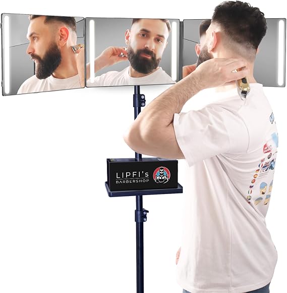 Tripod 360 Mirror 4-LED Barber 3 Way Tripod Self Hair Cutting System + Tray