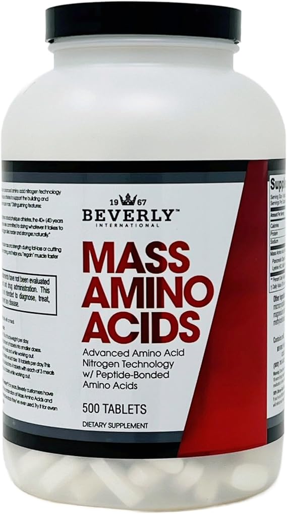 Beverly International Mass Amino Acids, 500 Tablets, Complete Amino Profile | Peptide-Bonded Amino Acids (PBAAs), Essential for Muscle Building & Preservation, Recovery & Repair, Pre & Post Workout