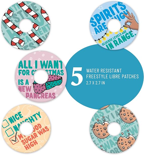 RockaDex Christmas Design Adhesive Patches 5 Mix Pack Compatible with Dexcom, Libre, Medtronic and Omnipod - Manufactured by a Type 1 Family. (Libre 3)