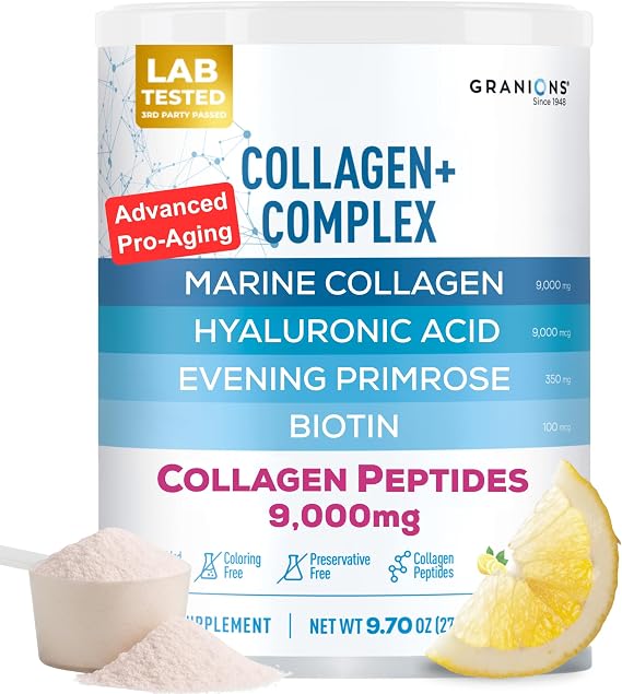 Marine Collagen Powder Supplement - Type I Hydrolyzed Marine Collagen Peptides, Biotin, Hyaluronic Acid, Vitamin C, Vital Antioxidants Complex - Skin Supplements for Women - Pink Lemonade, 9.7oz