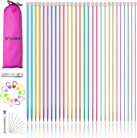 BCMRUN Stainless Steel Knitting Needle Set, Colored, Straight, Single Pointed, Metal Knitting Needles, 14 Sizes from 2.0 mm - 10.0 mm, Length 25 cm, 28 Pieces/14 Pairs