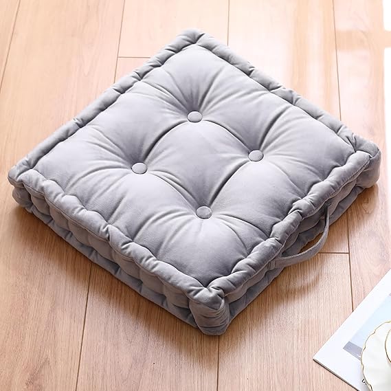 Tufted Padded Booster Cushion,Thick Square Seat Cushion with Carrying Handle,Plush Indoor Chair Cushions Tatami Floor Pillow Cushion-Grey,45x45cm