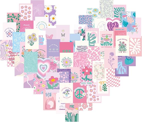 Teling 60 Pcs Wall Collage Kit, Danish Pastel Poster Wall Decor, Pink