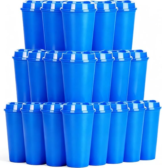 20 Pack Reusable Coffee Cups with Lids 16 oz Plastic Tumblers Travel Mug Iced Coffee Cup for Adults and Women Hot and Cold Drinks, Microwaveable (Blue)