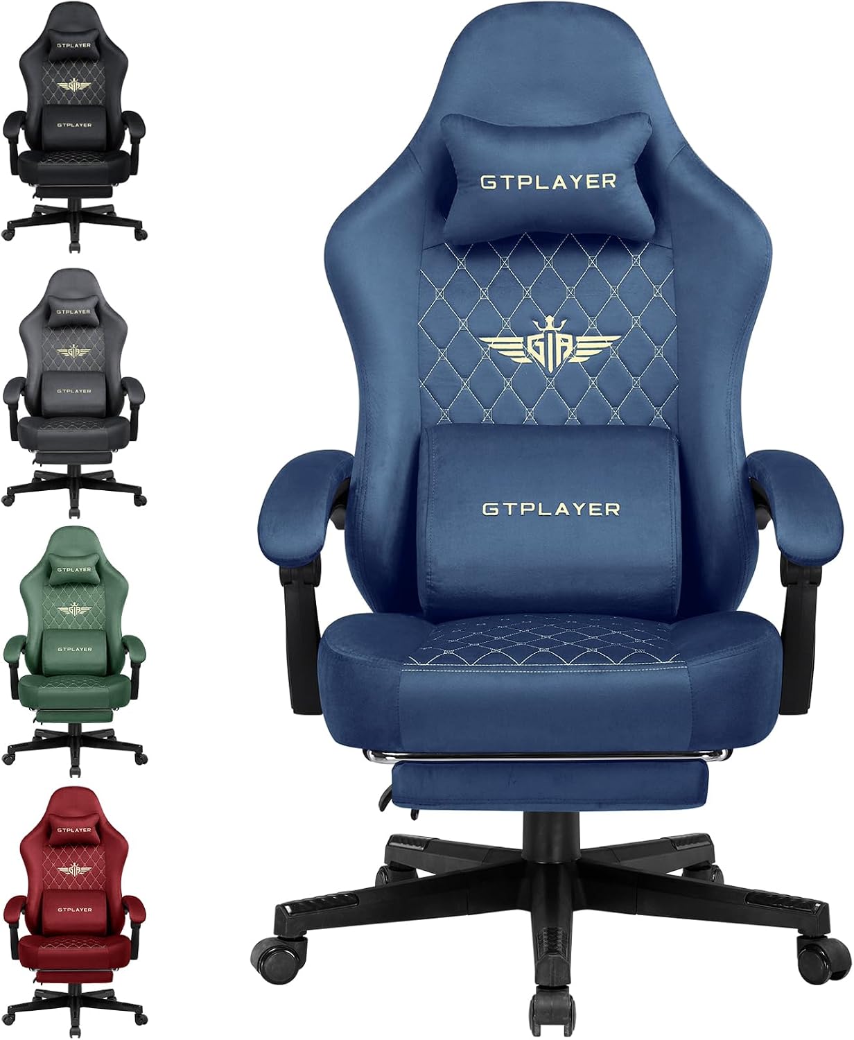 GTPLAYER Gaming Chair Fabric with Pocket Spring Cushion, High Back Computer Office Chair with Headrest & Lumbar Support, Ergonomic Video Swivel Game Chair with Footrest for Adults Blue