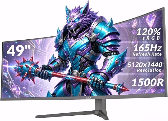 ZZA 49" Ultra-Wide DQHD Curved Gaming Monitor | 5120x1440, 1500R, 165Hz, AMD FreeSync, 120% sRGB, Height Adjustable, HDMI 2.1/DP 1.4 Wall Mount, Black