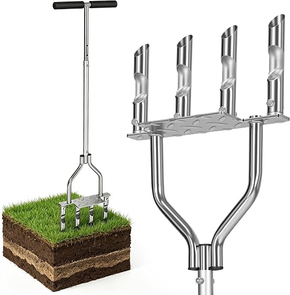 Manual Lawn Core Aerator with 4 Hollow Tines, Adjustable Height Grass Aeration Tool with Widened Footrest, Heavy Duty Plug Aerator for Lawn Yard Soil Compaction Relief