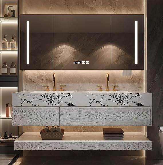 Double Sink Vanity 52Inch, Modern Bathroom Vanities Includes Smart Defog Mirror Cabinet with LED Light, Floating Bathroom Vanity with Marble Slate Countertop and Storage Cabinet (Light Grey White)
