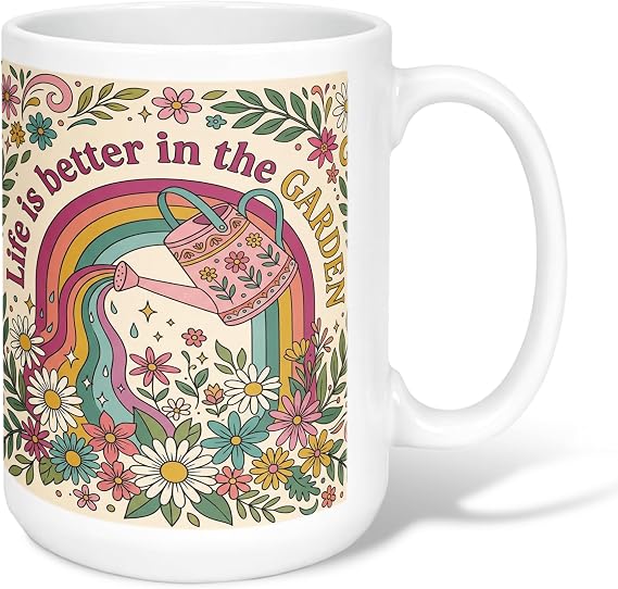 Watering Can Ceramic Coffee Mug, Garden Bohemian Rainbow Flowers Spring Pastel Novelty Tea Cup with Handle Ideal for Friendship Family Colleague Teachers Sweetheart Staff 15 Oz